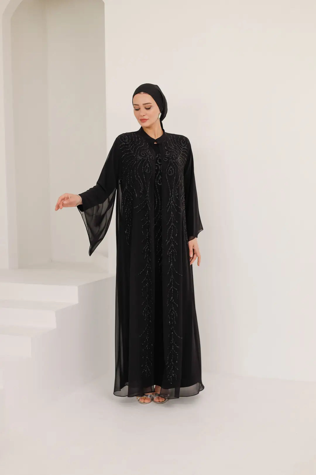 Dal Desenli Taş İşlemeli Abaya Elbise