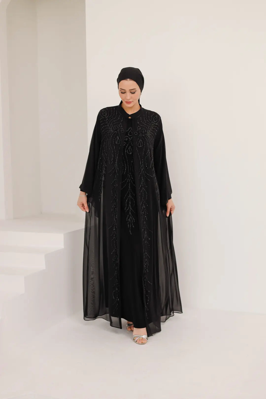 Dal Desenli Taş İşlemeli Abaya Elbise