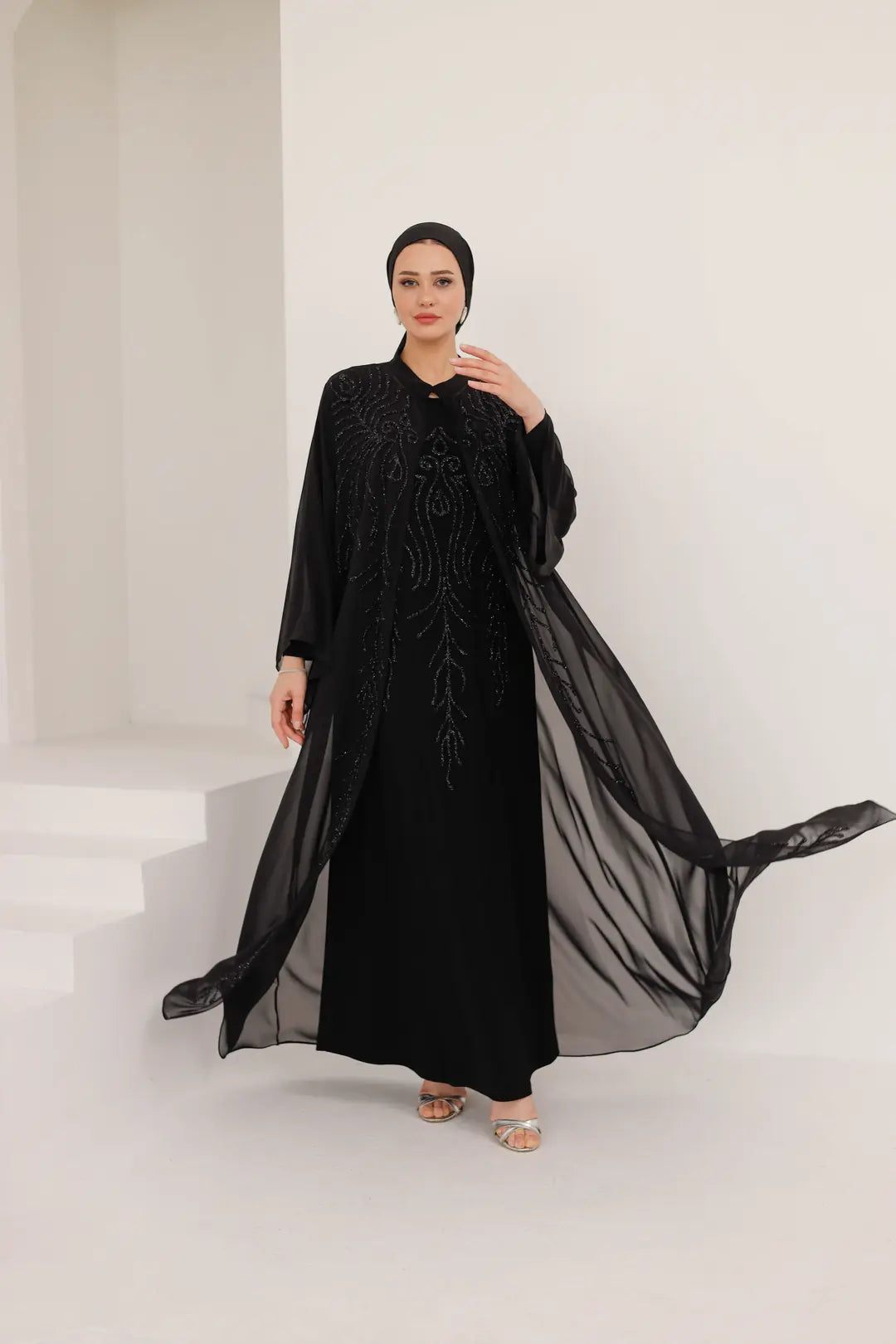 Dal Desenli Taş İşlemeli Abaya Elbise