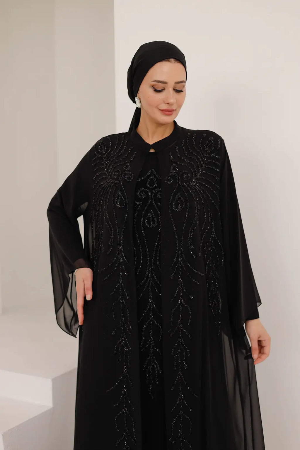 Dal Desenli Taş İşlemeli Abaya Elbise