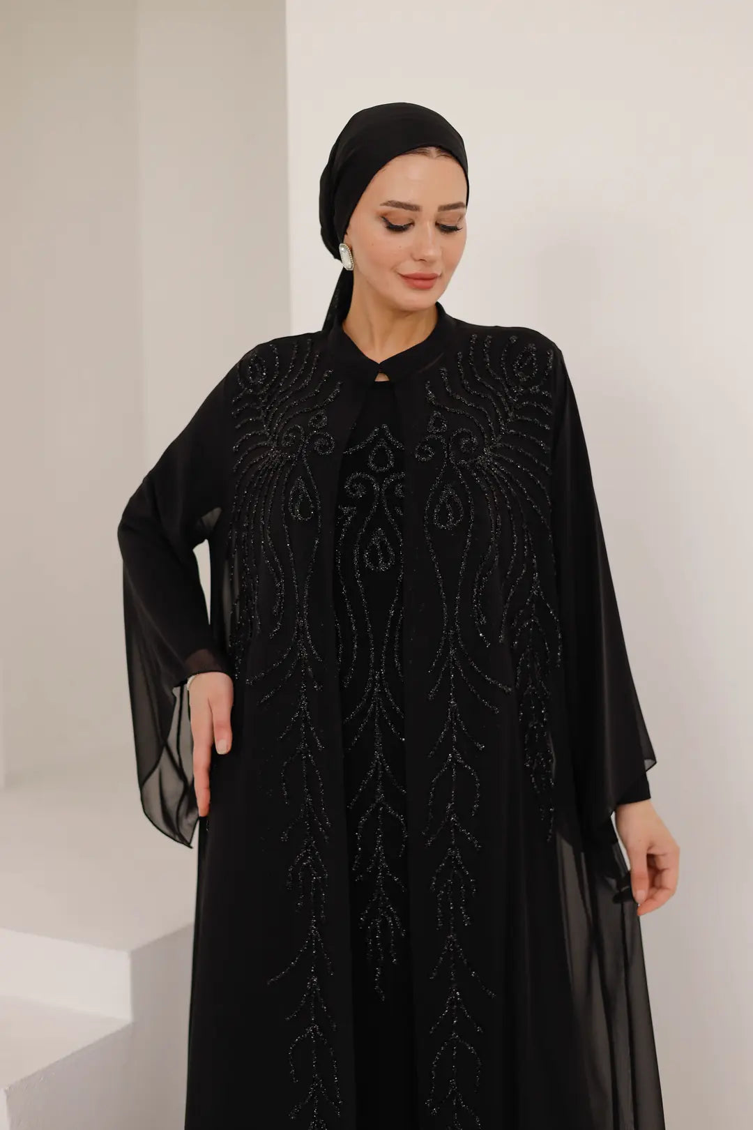 Dal Desenli Taş İşlemeli Abaya Elbise