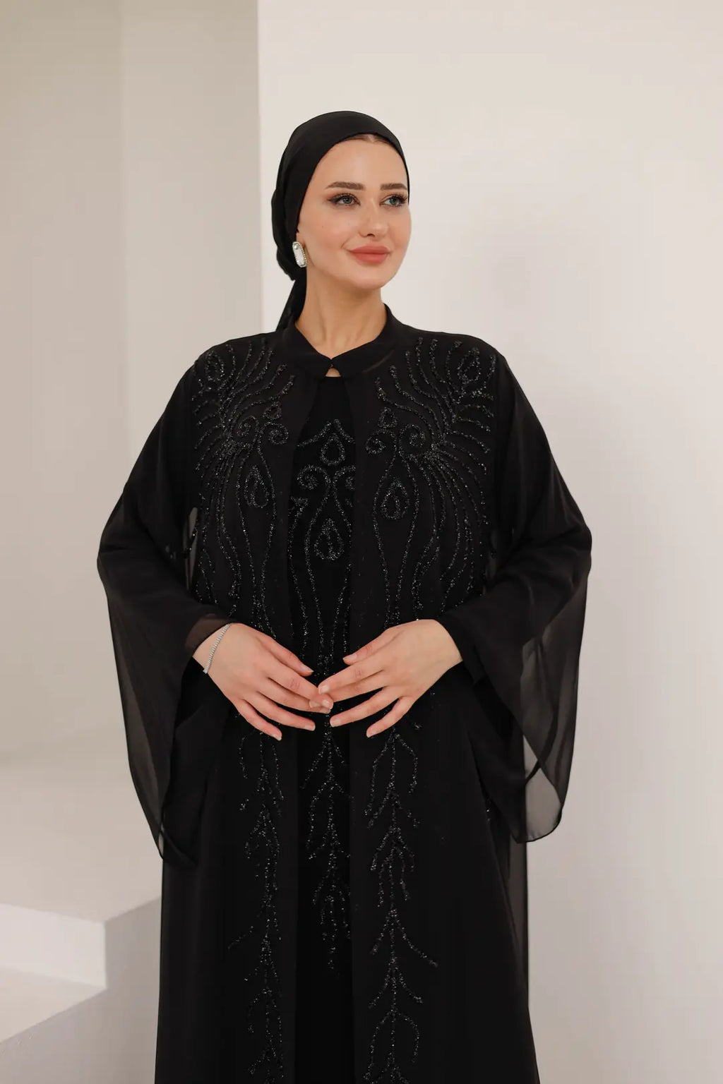 Dal Desenli Taş İşlemeli Abaya Elbise