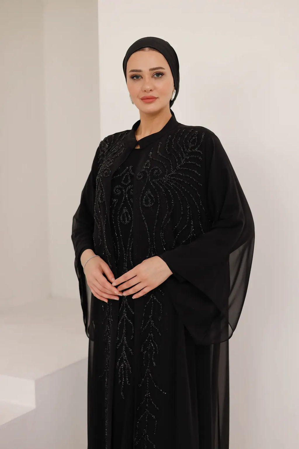 Dal Desenli Taş İşlemeli Abaya Elbise