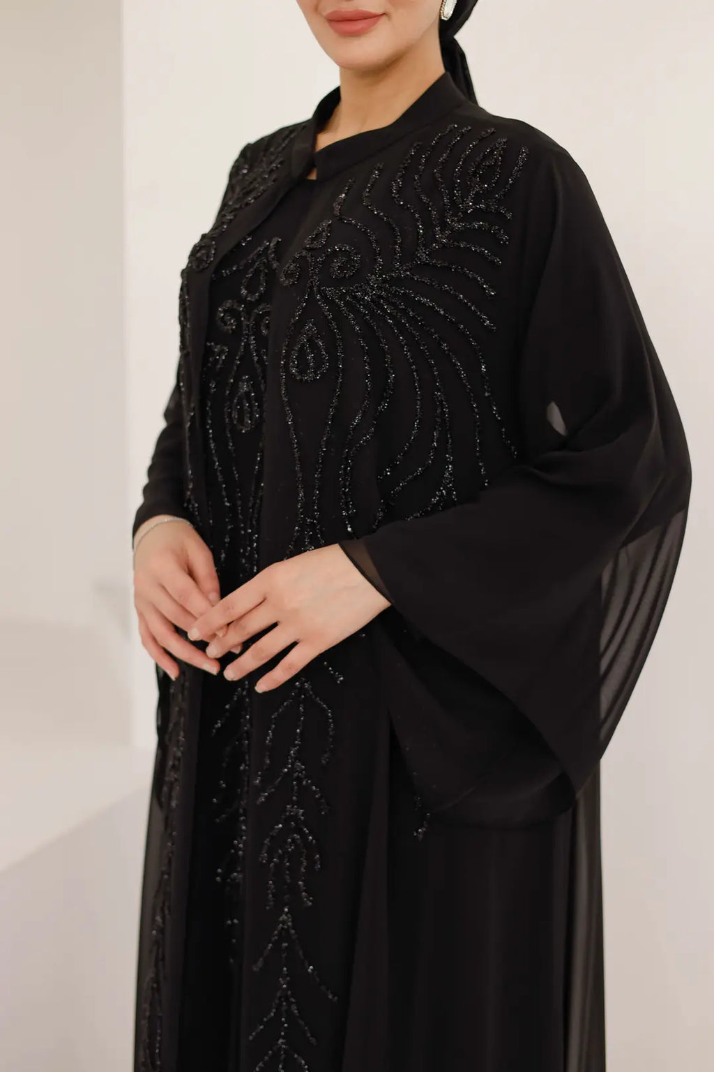 Dal Desenli Taş İşlemeli Abaya Elbise