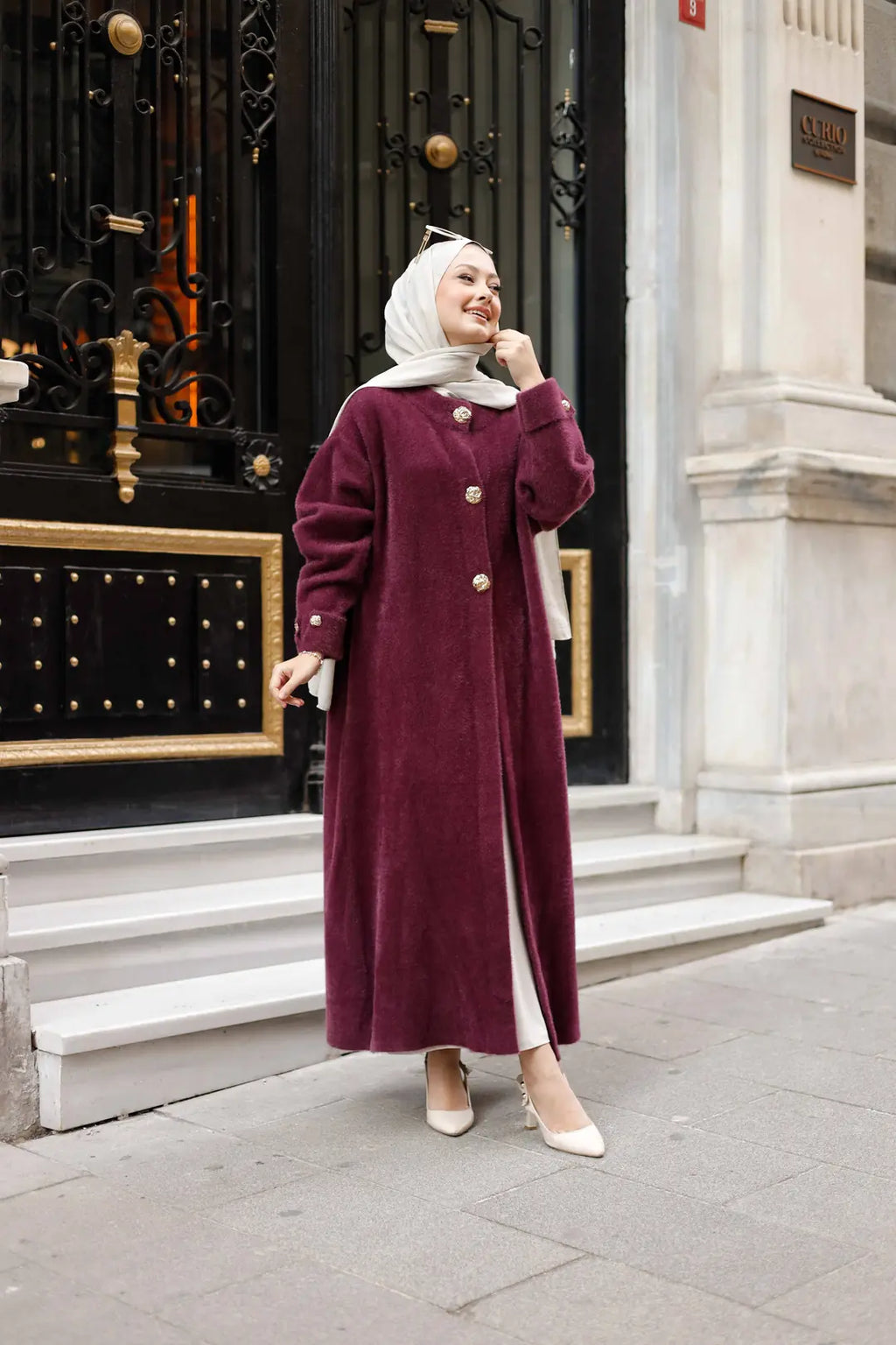 Angora Manto Düğme Detaylı Hırka