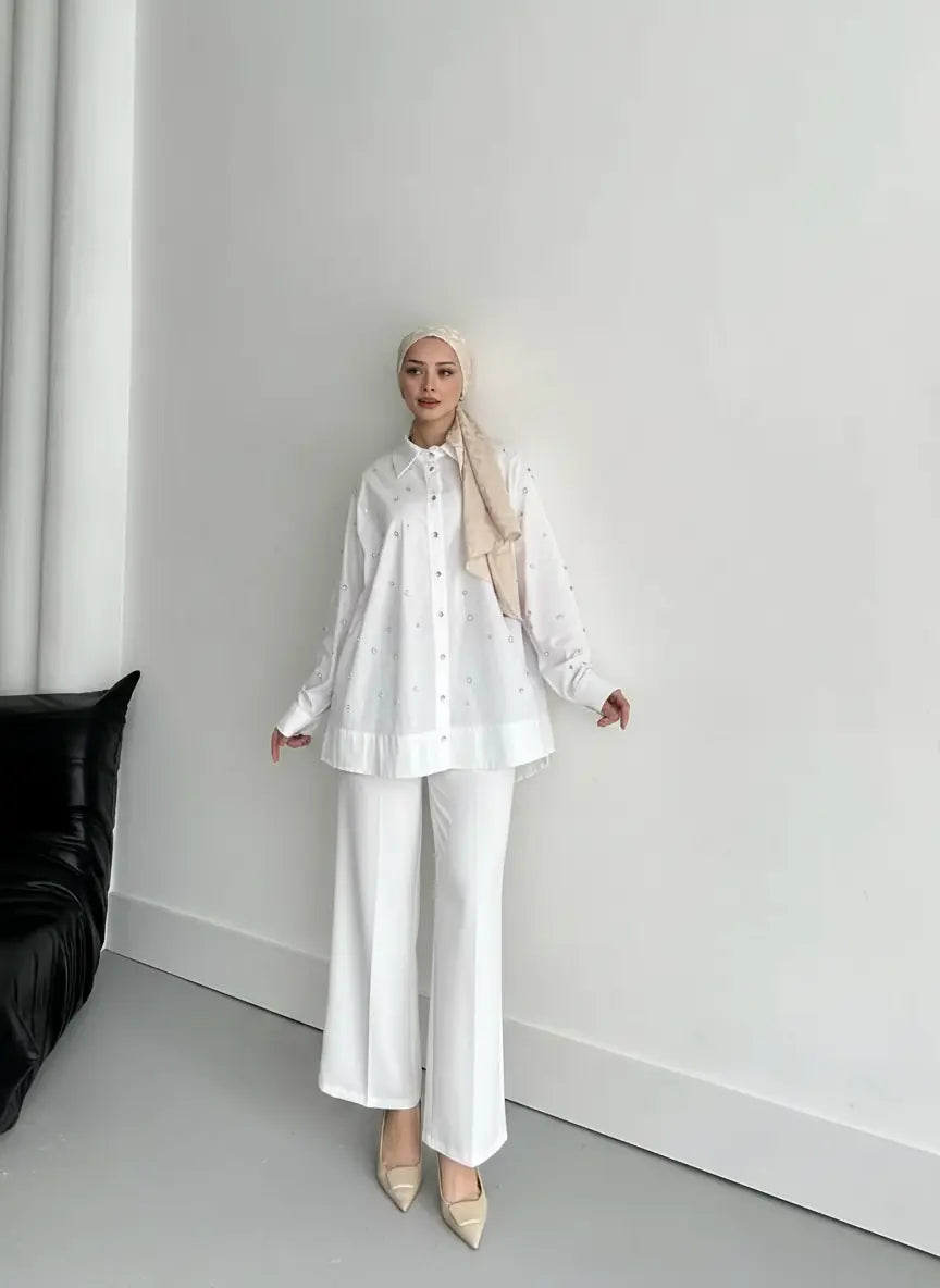 Beli Lastikli Cep Detaylı Bol Paça Kumaş Pantolon
